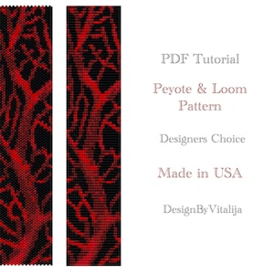 May include: A digital pattern for a beaded bracelet with a red and black tree design. The pattern is available as a PDF tutorial and includes instructions for both peyote and loom beading techniques. The text "PDF Tutorial, Peyote & Loom Pattern, Designers Choice, Made in USA, DesignByVitalija" is included in the image.