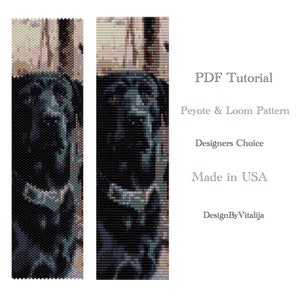 May include: A PDF tutorial for making a beaded dog bracelet using peyote and loom techniques. The tutorial includes a close-up image of a black dog with a collar. The text "PDF Tutorial", "Peyote & Loom Pattern", "Designers Choice", "Made in USA", and "DesignByVitalija" is visible on the image.