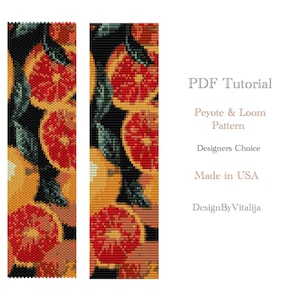 Peut inclure: Un tutoriel PDF téléchargeable pour un motif de perlage peyote et métier à tisser avec un design coloré d'oranges et de feuilles. Le tutoriel est pour un projet de bricolage et est fabriqué aux États-Unis. Le texte "PDF Tutorial", "Peyote & Loom Pattern", "Designers Choice", "Made in USA", et "DesignByVitalija" est visible sur l'image.