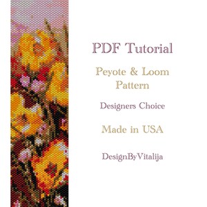 May include: A PDF tutorial for beading a flower bouquet using peyote and loom techniques. The image shows a colourful beaded design with yellow, pink, and green beads. The text "PDF Tutorial", "Peyote & Loom Pattern", "Designers Choice", "Made in USA", and "DesignByVitalija" is visible.