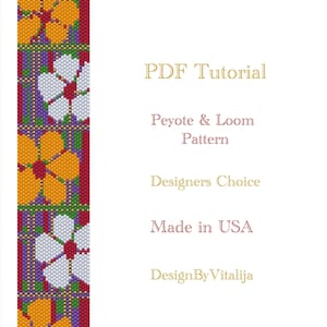 May include: A PDF tutorial for a Peyote & Loom pattern. The design features a beaded pattern with orange, white, and yellow daisy-like flowers on a purple and green background. The text reads "Daisy in Red", "Designers Choice", and "Made in USA".