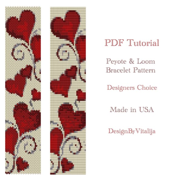 Beading Pattern  Peyote Pattern Loom Work Pattern Red Heart Pattern Seed Bead Cuff Instant Download PDF Tutorial