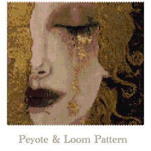 May include: A digital PDF tutorial for a Gustav Klimt painting, featuring a detailed beaded portrait. The image shows a close-up of a face with dark red lips and gold accents. The text reads "Peyote & Loom Pattern" and "DesignByVitalija".