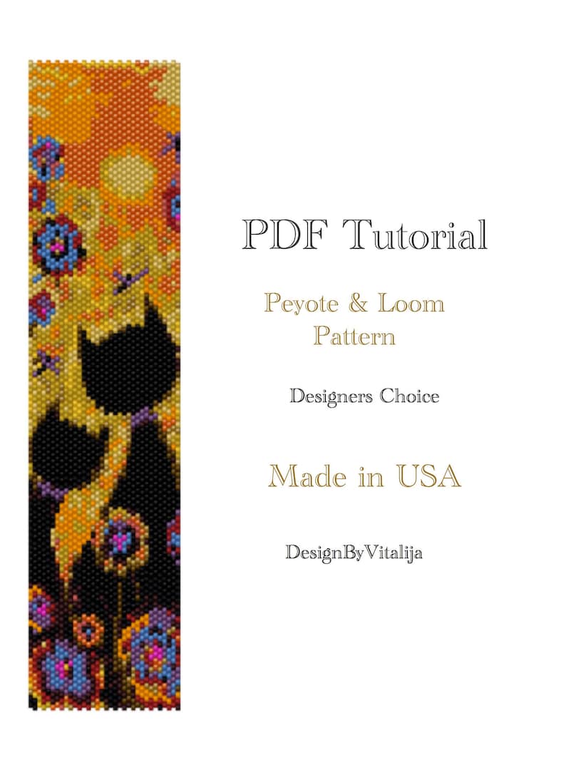 May include: A colorful beaded pattern of two cats in front of a sunset. The pattern is for peyote and loom beading. The text "PDF Tutorial", "Peyote & Loom Pattern", "Designers Choice", "Made in USA", and "DesignByVitalija" is included in the image.