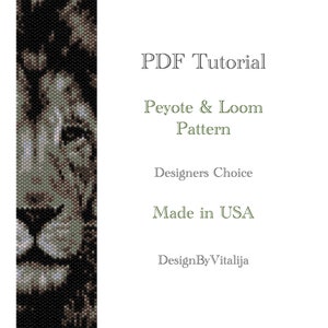 Op de afbeelding: Een PDF-tutorial voor een kralenproject met een leeuwenkop. De tutorial bevat instructies voor zowel peyote- als loom-kralenwerk. De tekst "Designers Choice" en "Made in USA" is ook zichtbaar.