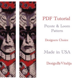 May include: A beaded pattern for a bracelet featuring a Native American woman with a wolf head and red accents. The pattern is available as a PDF tutorial for peyote and loom beading. The text "PDF Tutorial", "Peyote & Loom Pattern", "Designers Choice", "Made in USA", and "DesignByVitalija" is included in the image.