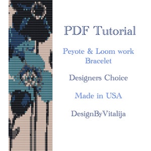 PDF Tutorial, Beaded Bracelet Pattern, Blue Flower Bracelet, Peyote pattern, Loom work pattern, Instant Download,
