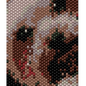 May include: A close-up of a beaded design with a variety of colors, including black, brown, red, green, and white. The beads are arranged in a pattern that resembles a swirling, abstract design.