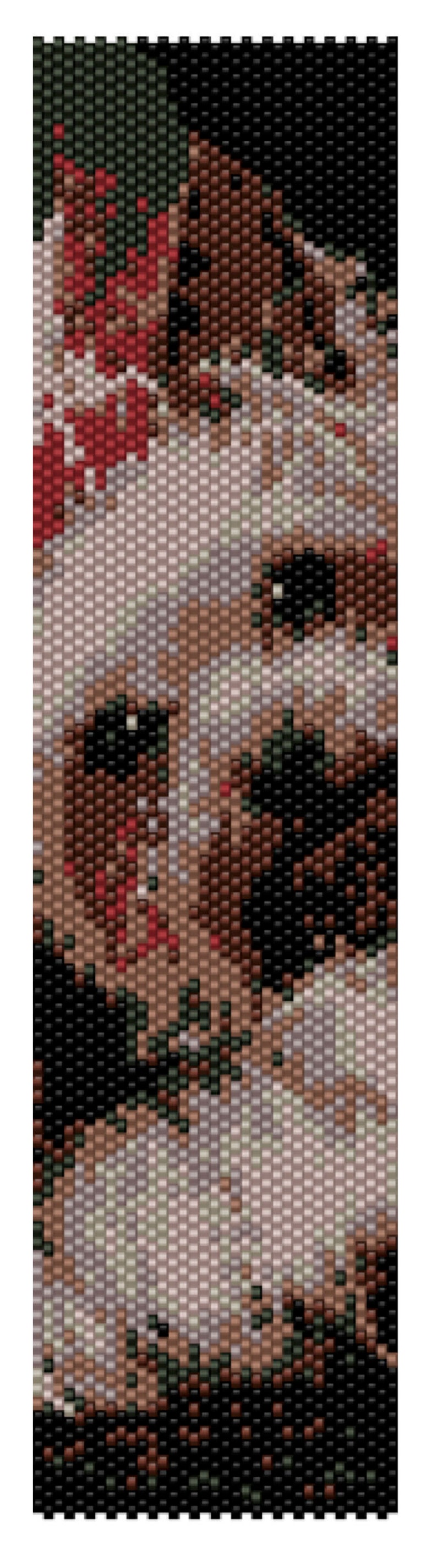 May include: A close-up of a beaded design with a variety of colors, including black, brown, red, green, and white. The beads are arranged in a pattern that resembles a swirling, abstract design.