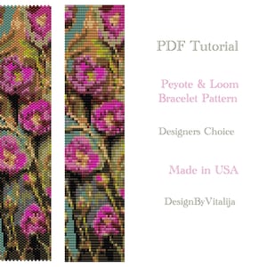 Pode incluir: Um tutorial em PDF para um padrão de pulseira de peyote e tear, com um design floral com flores rosa e folhas verdes. O texto "Designers Choice" e "Made in USA" também é visível.
