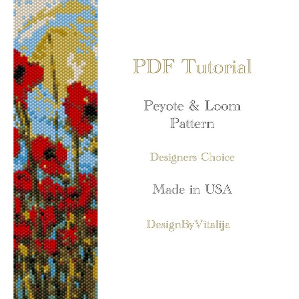 Peyote Beaded Tutorial Loom Work  Beaded Bracelet  Poppy Pattern Bracelet Pattern Cuff Pattern PDF Tutorial Digital