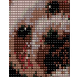 May include: A close-up of a beaded mosaic image of a woman's face. The image is made up of small, colorful beads in shades of brown, red, green, and white.