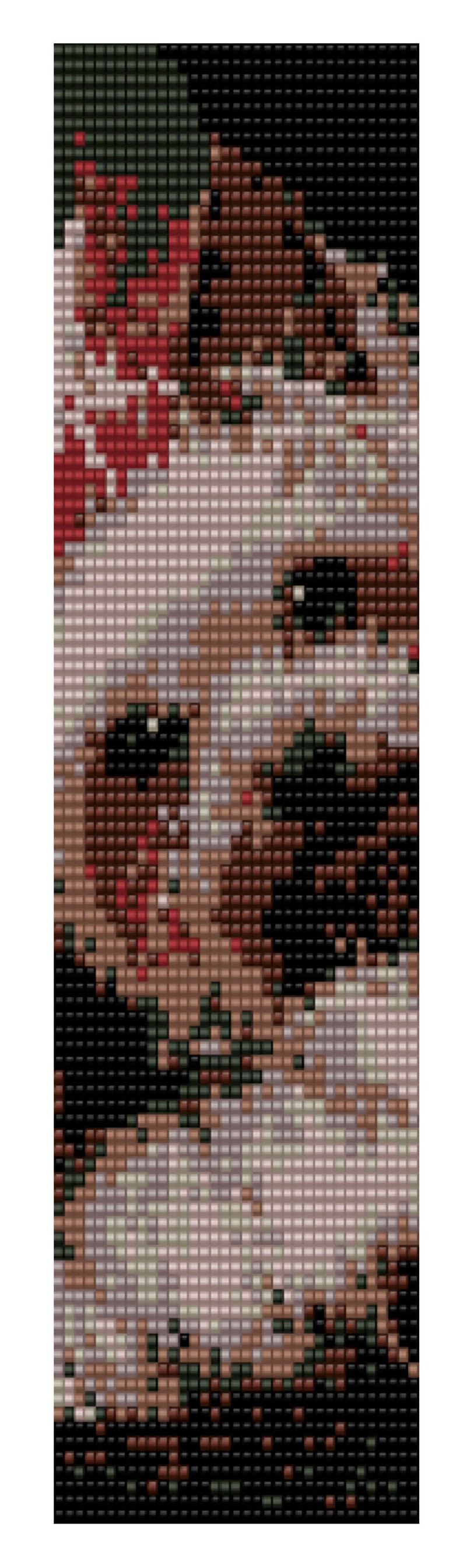 May include: A close-up of a beaded mosaic image of a woman's face. The image is made up of small, colorful beads in shades of brown, red, green, and white.