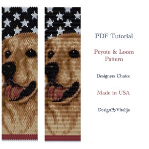 May include: A beaded pattern of a golden retriever dog wearing a red, white, and blue American flag bandana. The pattern is for peyote and loom beading. The image includes the text "PDF Tutorial", "Peyote & Loom Pattern", "Designers Choice", "Made in USA", and "DesignByVitalija".