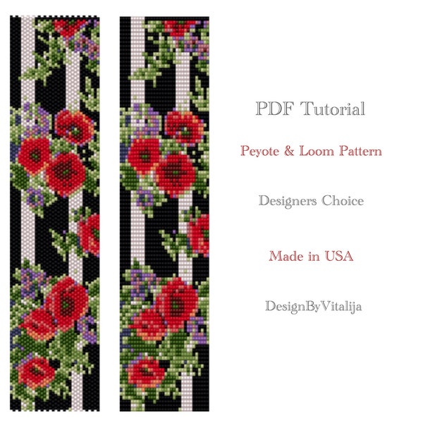 Poppy Pattern Bracelet Tutorial Peyote Pattern Loom Pattern Digital Cuff PDF Tutorial