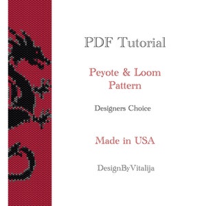 Może przedstawiać: Czerwono-czarny wzór smoka z koralików. Obraz zawiera tekst "PDF Tutorial", "Peyote & Loom Pattern", "Designers Choice", "Made in USA" i "DesignByVitalija".