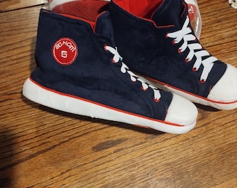 Plush Sneaker Slippers | GoHom High-Top House Shoes | Soft Cozy Navy & Red Slipper Sneakers | Funny Gift | Unisex Warm Indoor shoes