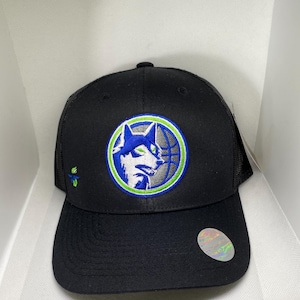 May include: Black baseball cap featuring a circular embroidered logo of a wolf's head in blue and white, set against a basketball and surrounded by a green and blue border. The cap has a mesh back and a curved brim.