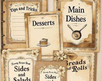 Vintage Recipe Binder Dividers – 7 Printable Kitchen Categories (Digital Download)