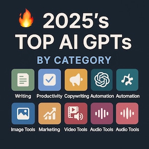 Op de afbeelding: Een digitale afbeelding met de tekst "2025's TOP AI GPTs BY CATEGORY" en pictogrammen die verschillende categorieën vertegenwoordigen, zoals schrijven, productiviteit en afbeeldingshulpmiddelen. De achtergrond is donkerblauw en de tekst is wit.