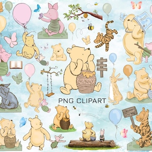 Classic Winnie the Pooh Watercolor Clipart Bundle (PNG Download) Baby Shower