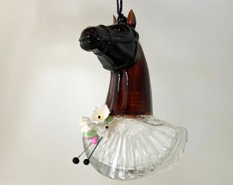 chestnut horse with a fancy elizabethan collar. one of a kind and original hanging folk art. anthropomorphic equine