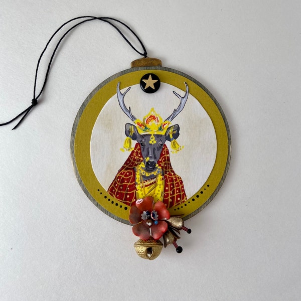 anthropomorphic sambar ornament. repurposed art christmas ornament. indian bride. mixed media assemblage folk art.