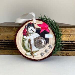 snowman warrior assemblage collage ornament. back from battle folk art. one of a kind and original art.