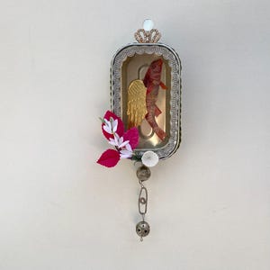 fish angel in a sardine can found object assemblage artwork, one of a kind, repurposed mixed media art diorama