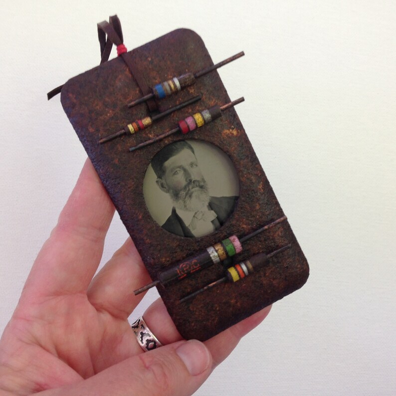 vintage tin type assemblage art ohm electric vibes one of a kind and original.