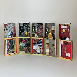 miniature matchbox art diorama, found object assemblage folk art, petite art in a box, art to go, unique and quirky original shadow box