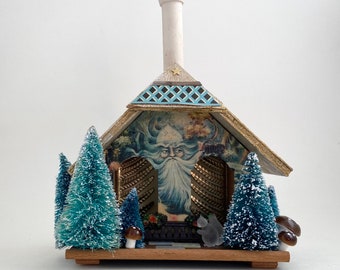 woodland chalet mixed media assemblage sculpture. found object folk art. one of a kind repurposed winter decor.