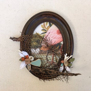 spoonbill bird assemblage art, found object mixed media folk art, one of a kind and original found object art