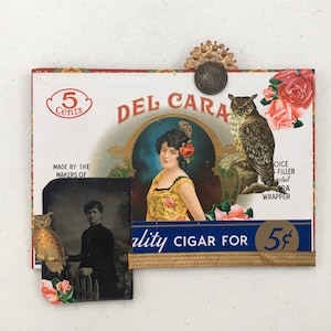 cigar box assemblage art. found object mixed media wall art. vintage tin type photograph. one of a kind and original.