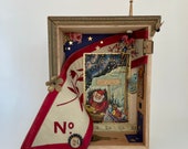 christmas shadow box. north pole wireless santa claus. vintage postcard. mixed media assemblage art. found object diorama. one of a kind.