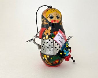 nesting doll and tea assemblage art. i'm a little teapot. one of a kind and original folk art. hello my name is quirky art.