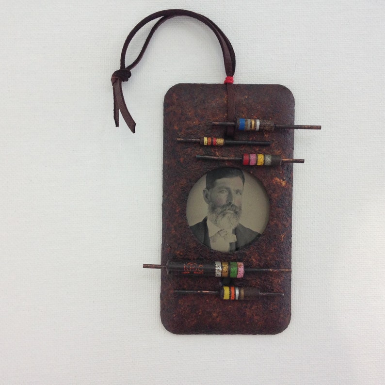 vintage tin type assemblage art ohm electric vibes one of a kind and original.