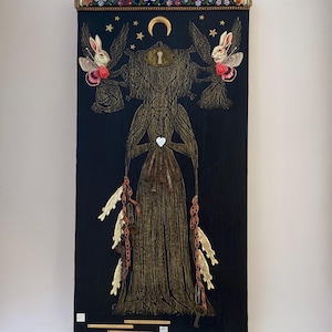 wise woman mixed media assemblage collage artwork, one of a kind found object folk art, angels and fish altar shrine art