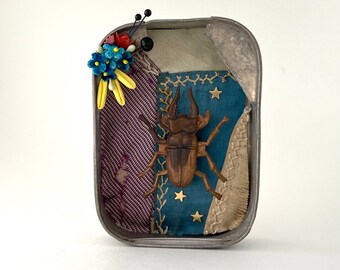 stag beetle shadow box diorama. mixed media hanging folk art. quirky one of a kind assemblage.