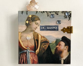 renaissance style mixed media collage art. woman with snake assemblage folk art. humorous petite art. oh, honey.