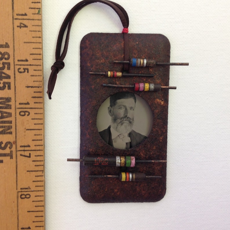 vintage tin type assemblage art ohm electric vibes one of a kind and original.