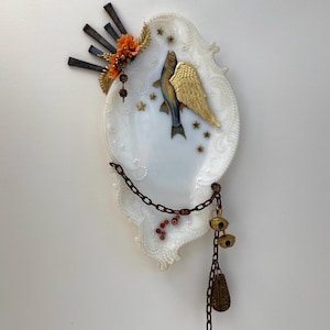 fish angel assemblage art, one of a kind and original found object artwork, altar art shrine folk art