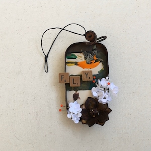 bird assemblage art, one of a kind and original, oriole ornament