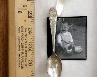 mickey mouse vintage photograph.  walt disney. children's  spoon. vintage flatware.  one of a kind and original hanging art ornament.