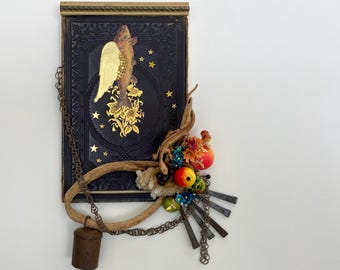 fish angel assemblage art, mixed media collage, one of a kind and original folk art, shrine art