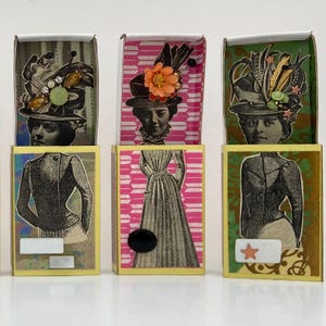 miniature matchbox art diorama, found object assemblage folk art, petite art in a box, art to go, unique and quirky original art