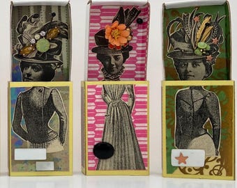 miniature matchbox art diorama, found object assemblage folk art, petite art in a box, art to go, unique and quirky original art