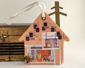 home sweet home assemblage art. upstairs downstairs folk art. one of a kind and original. looking in.