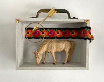 vintage horse shadow box.  boho decor folk art.  repurposed found object shadowbox art. one of a kind and original