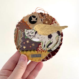 angel cat assemblage art collage ornament, personalized kitty cat ornament , found object assemblage folk art with vintage quilt pieces